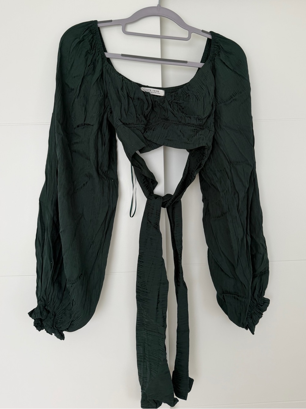 12th Tribe Dark Green Puff Sleeve Tie-Front Crop Blouse